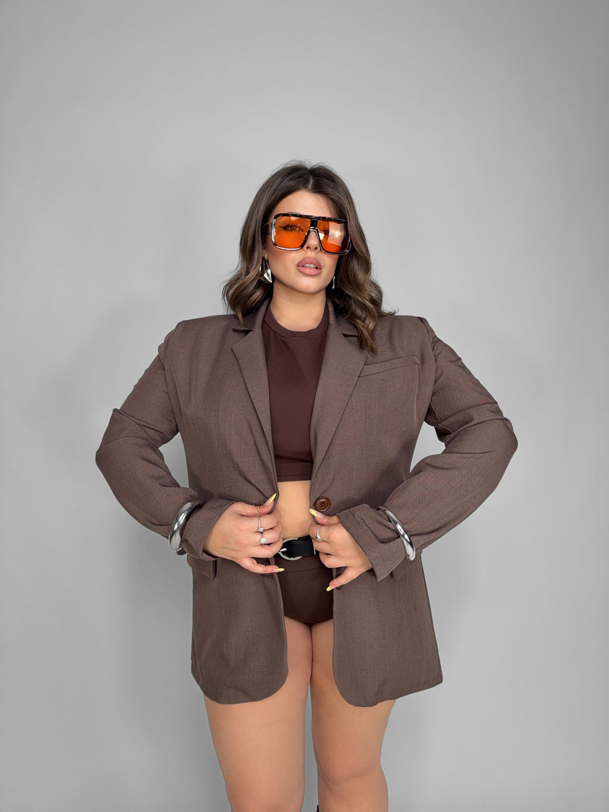 CURVY FIT - Blazer Longline-Brown