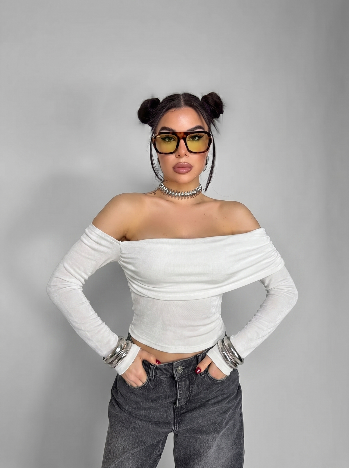 Bare Shoulder Jersey-White