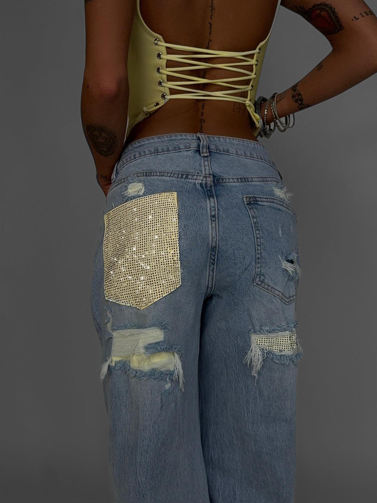 Jeans Glitter Pocket-Yellow