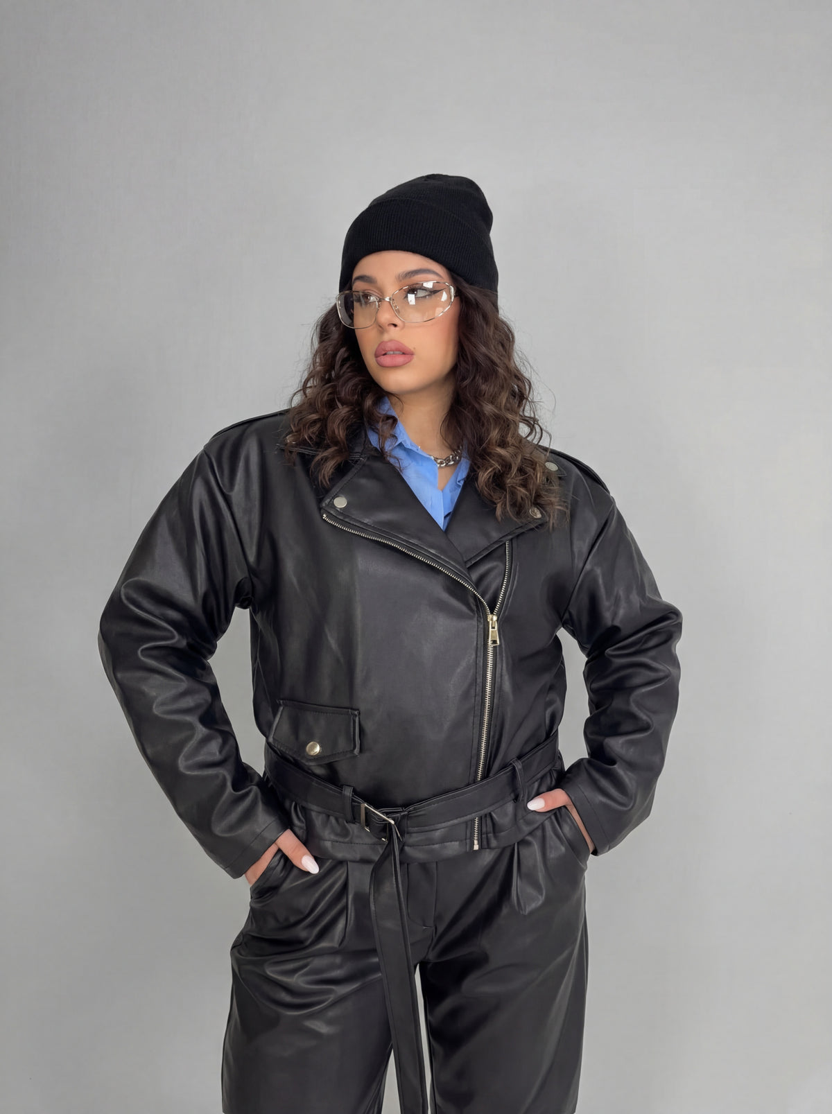 CURVY FIT - Chiodo Over Leather-Black