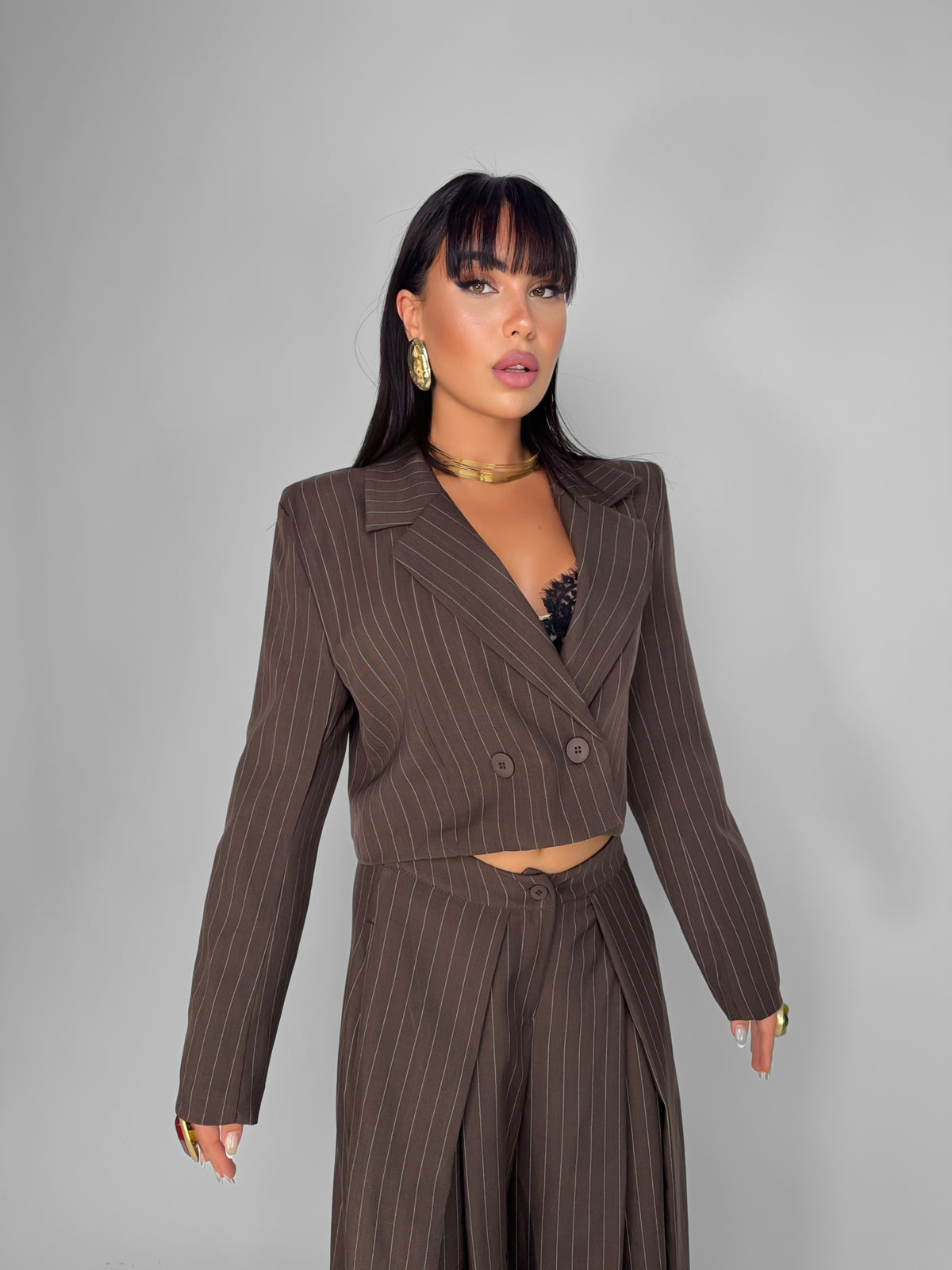 Giacca Crop Stripe-Brown